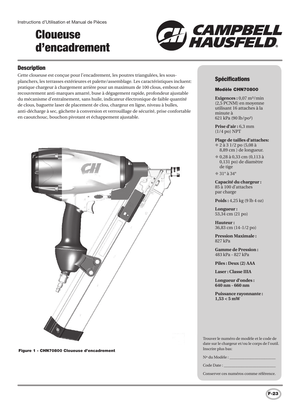 Cloueuse d’encadrement, Spécifications, Description | Campbell Hausfeld IN727700AV User Manual | Page 23 / 60