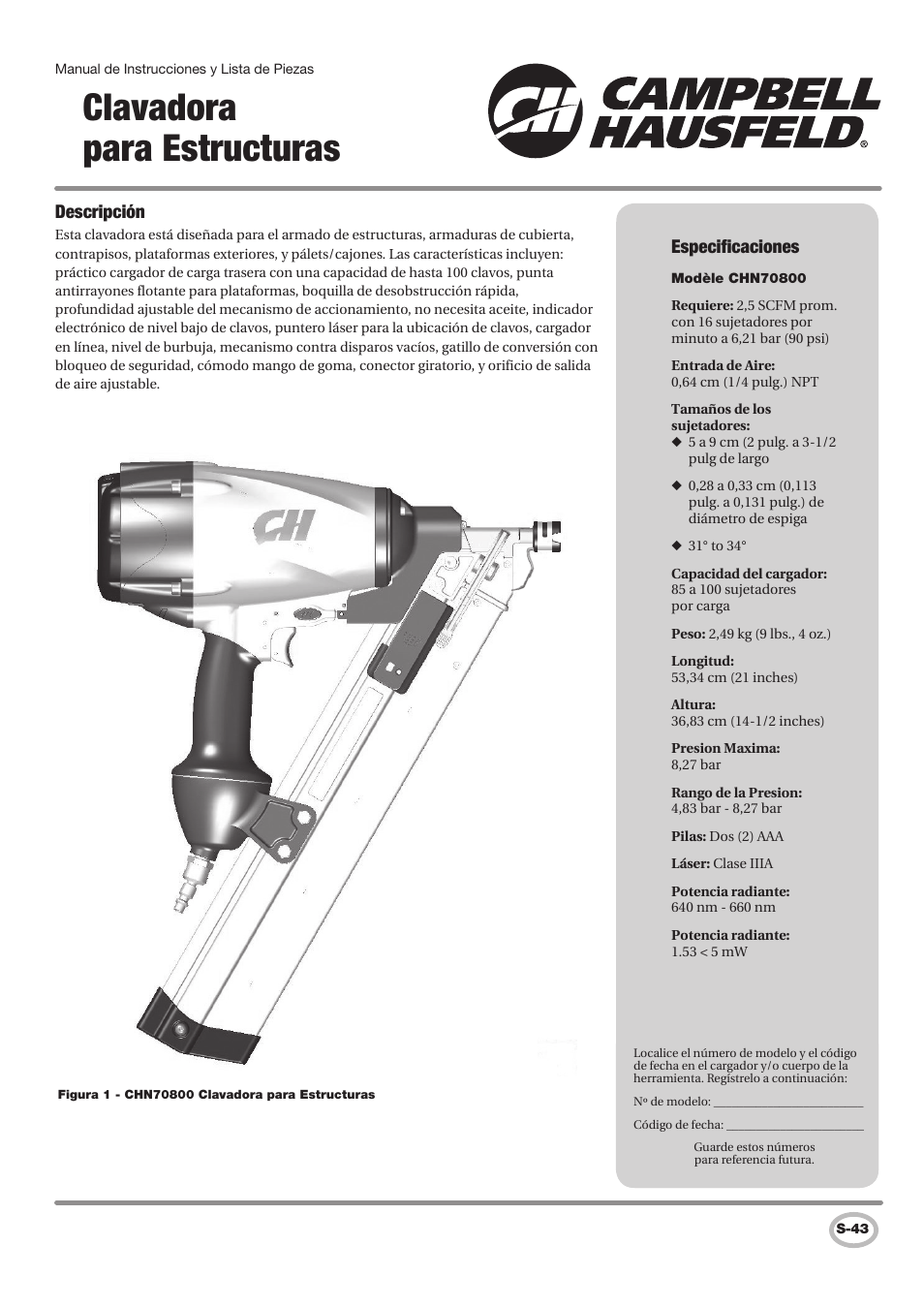 Clavadora para estructuras, Especificaciones, Descripción | Campbell Hausfeld IN727700AV User Manual | Page 43 / 60