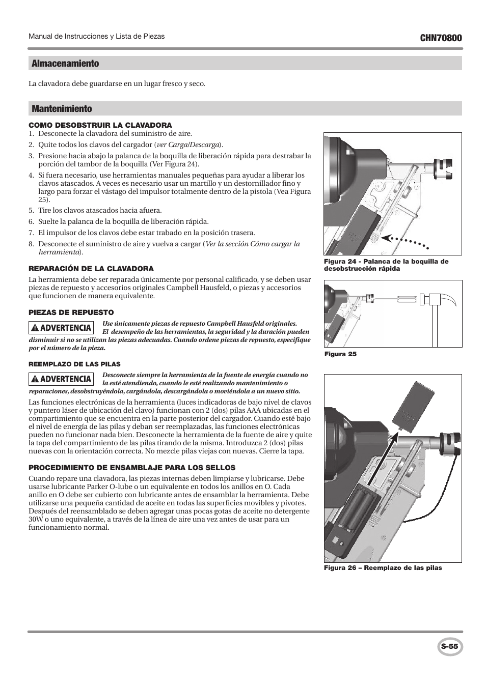 Mantenimiento, Almacenamiento | Campbell Hausfeld IN727700AV User Manual | Page 55 / 60