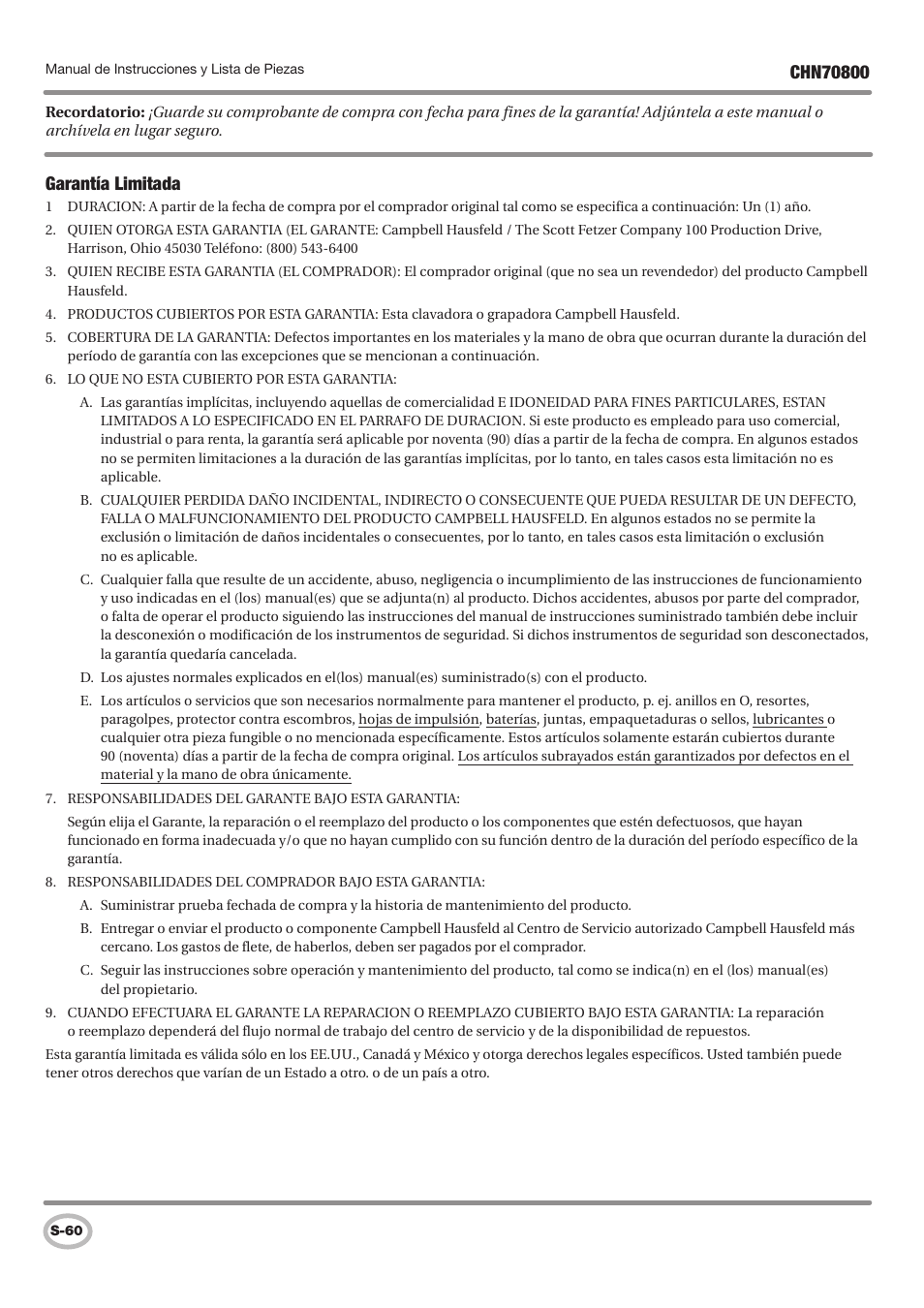 Garantía limitada | Campbell Hausfeld IN727700AV User Manual | Page 60 / 60
