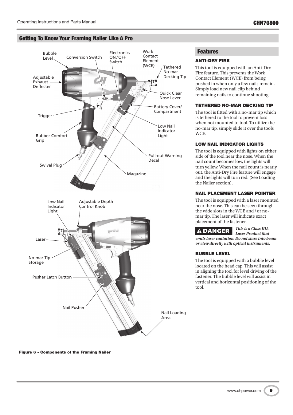 Features, Getting to know your framing nailer like a pro | Campbell Hausfeld IN727700AV User Manual | Page 9 / 60