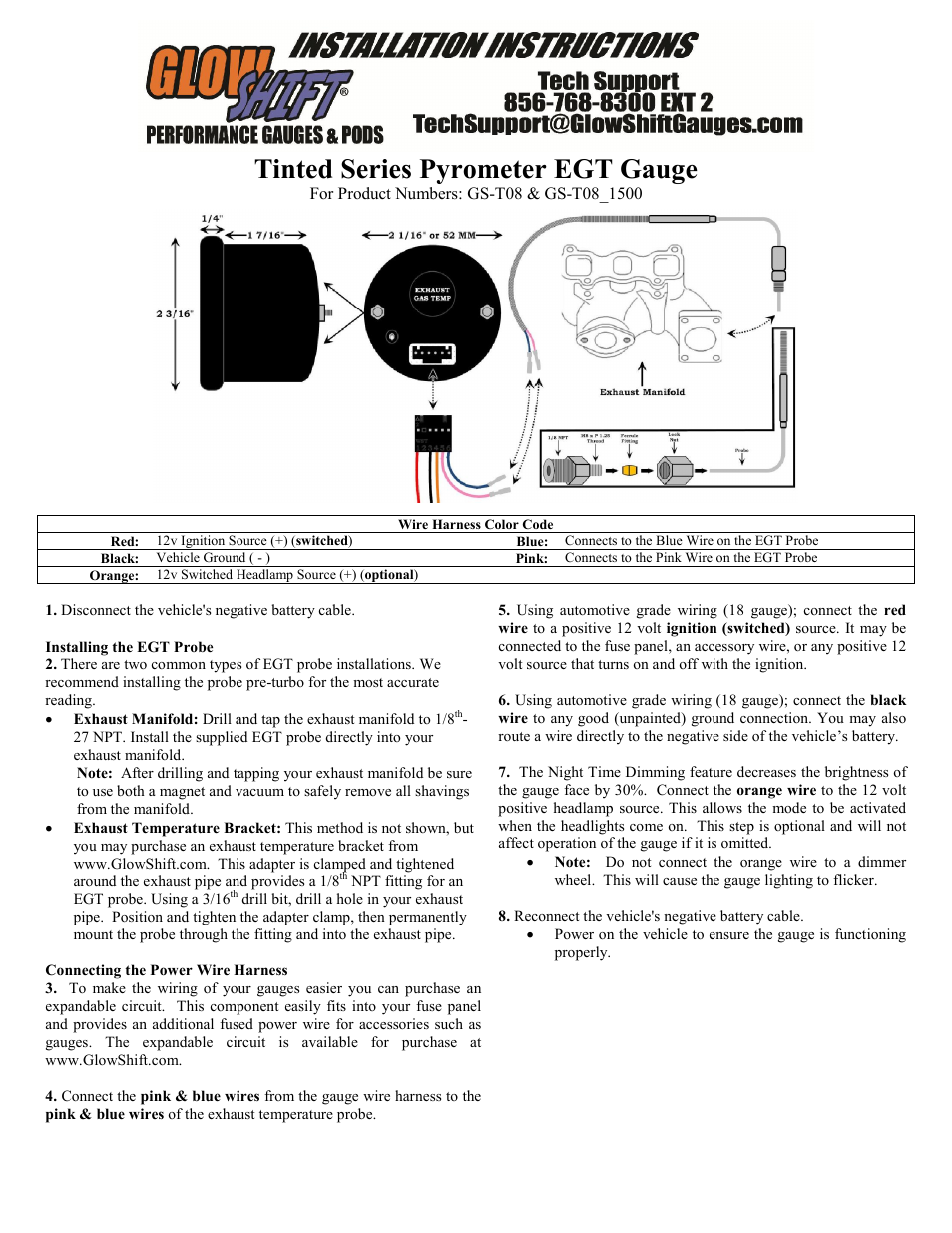 GlowShift 2400 Degree Exhaust Gas Temperature Gauge User Manual | 2 pages
