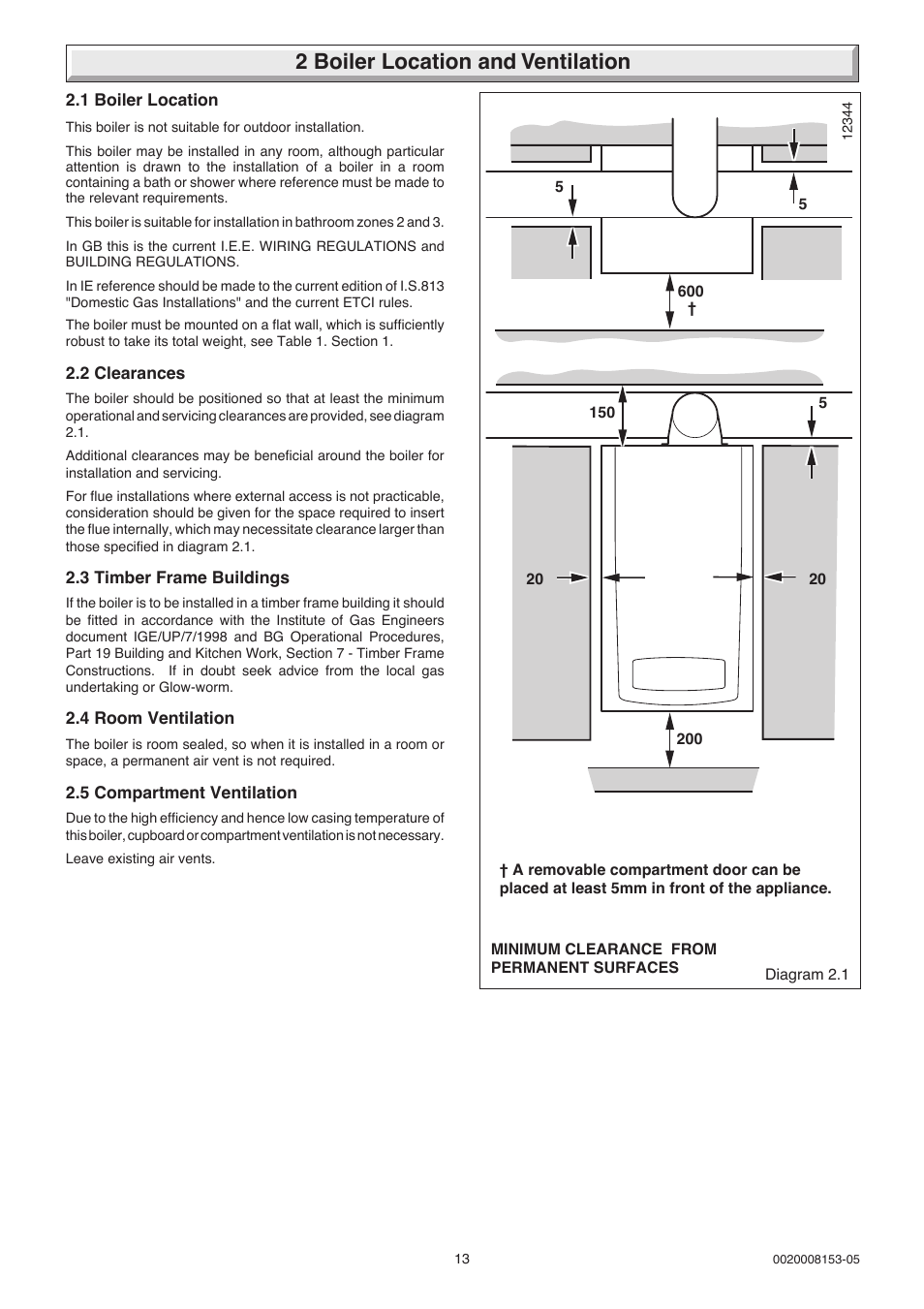 2 boiler location and ventilation | Glow-worm 12-38hxi Range User Manual | Page 13 / 44