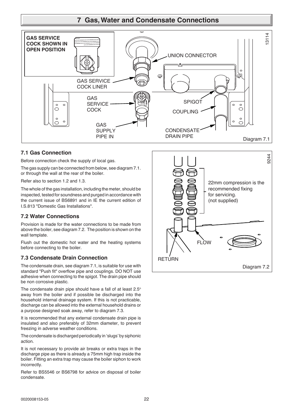 7 gas, water and condensate connections | Glow-worm 12-38hxi Range User Manual | Page 22 / 44