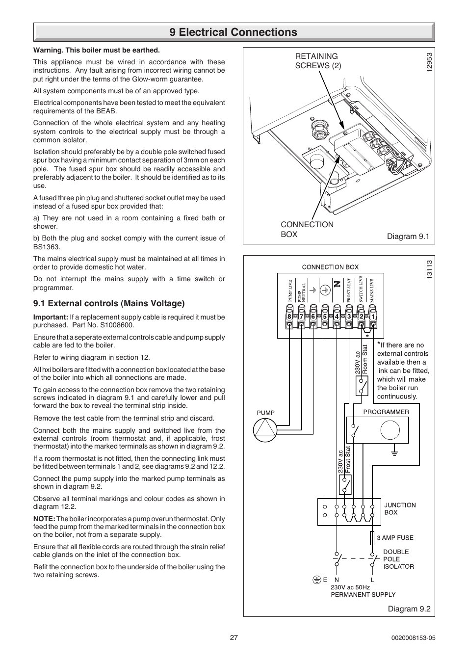 9 electrical connections | Glow-worm 12-38hxi Range User Manual | Page 27 / 44