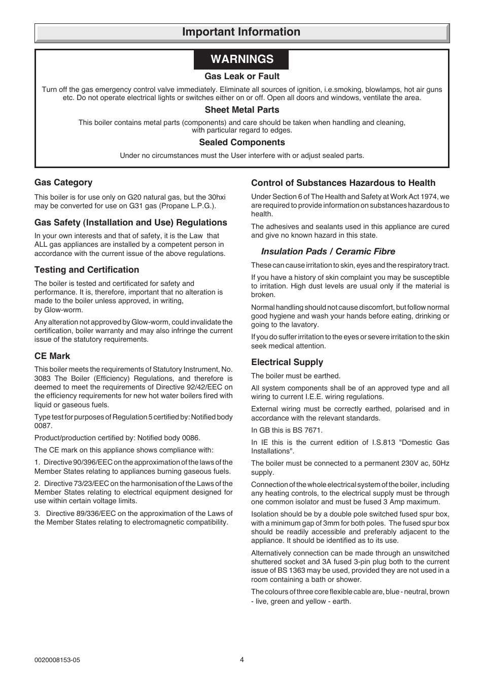 Important information, Warnings | Glow-worm 12-38hxi Range User Manual | Page 4 / 44