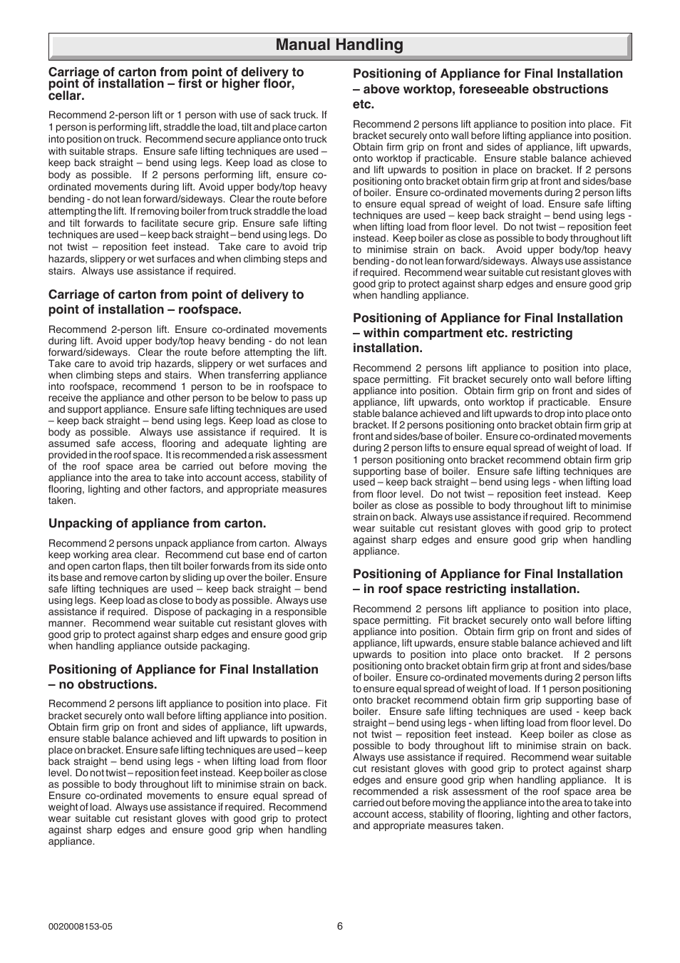 Manual handling | Glow-worm 12-38hxi Range User Manual | Page 6 / 44