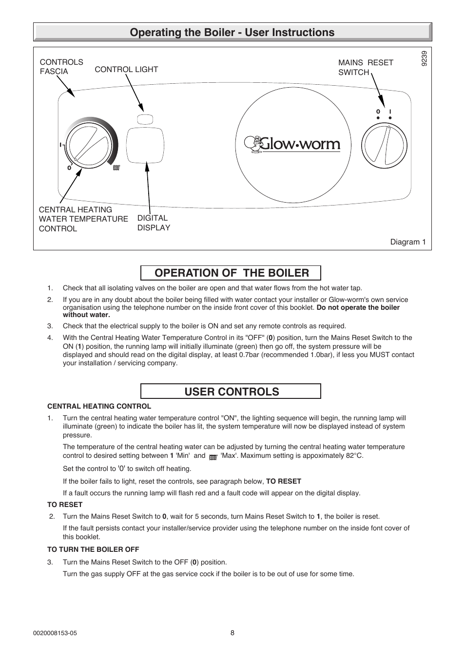 Operating the boiler - user instructions, Operation of the boiler, User controls | Glow-worm 12-38hxi Range User Manual | Page 8 / 44