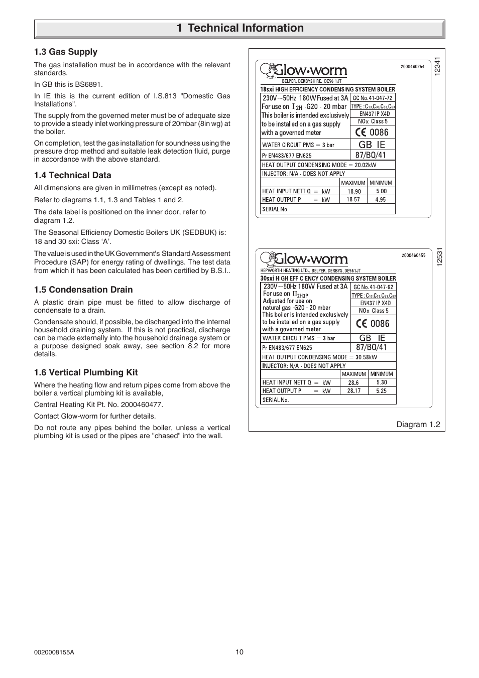 1 technical information | Glow-worm 18-30sxi Range User Manual | Page 10 / 48