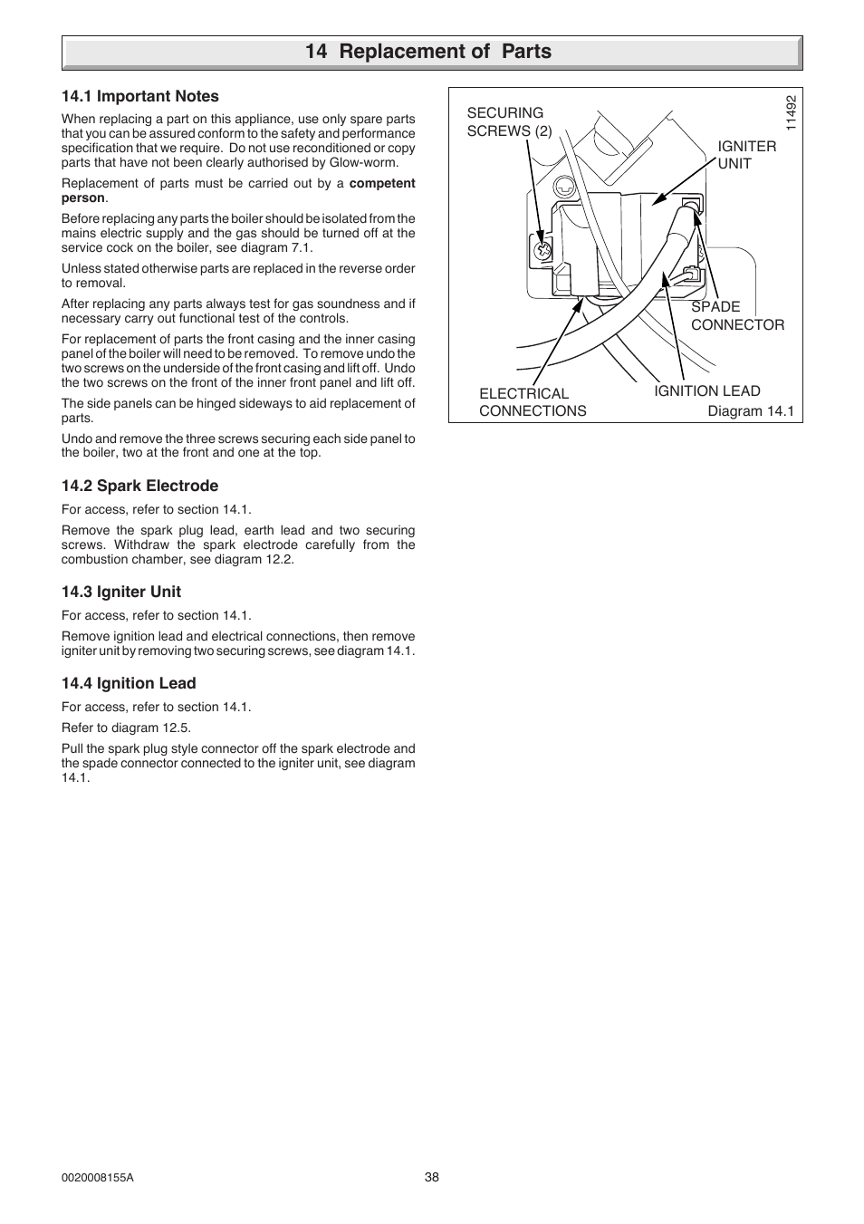 14 replacement of parts | Glow-worm 18-30sxi Range User Manual | Page 38 / 48