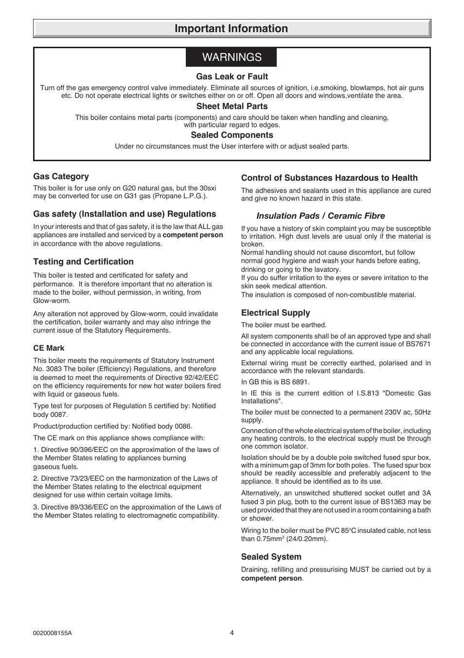 Important information warnings | Glow-worm 18-30sxi Range User Manual | Page 4 / 48