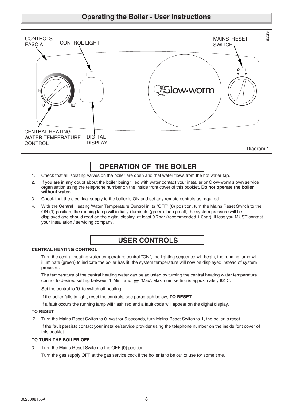 Operating the boiler - user instructions, Operation of the boiler, User controls | Glow-worm 18-30sxi Range User Manual | Page 8 / 48