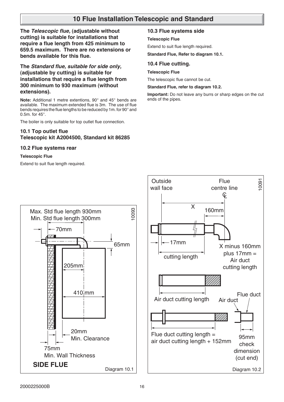 Side flue, 10 flue installation telescopic and standard | Glow-worm 23c User Manual | Page 16 / 44