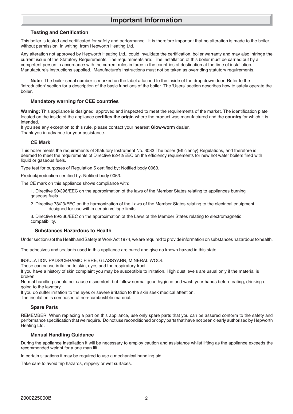 Important information | Glow-worm 23c User Manual | Page 2 / 44