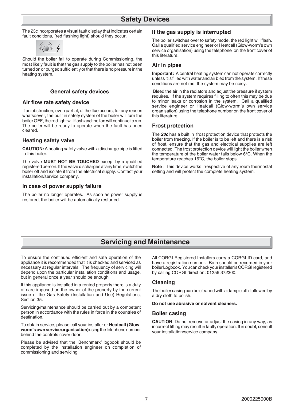 Safety devices, Servicing and maintenance | Glow-worm 23c User Manual | Page 7 / 44
