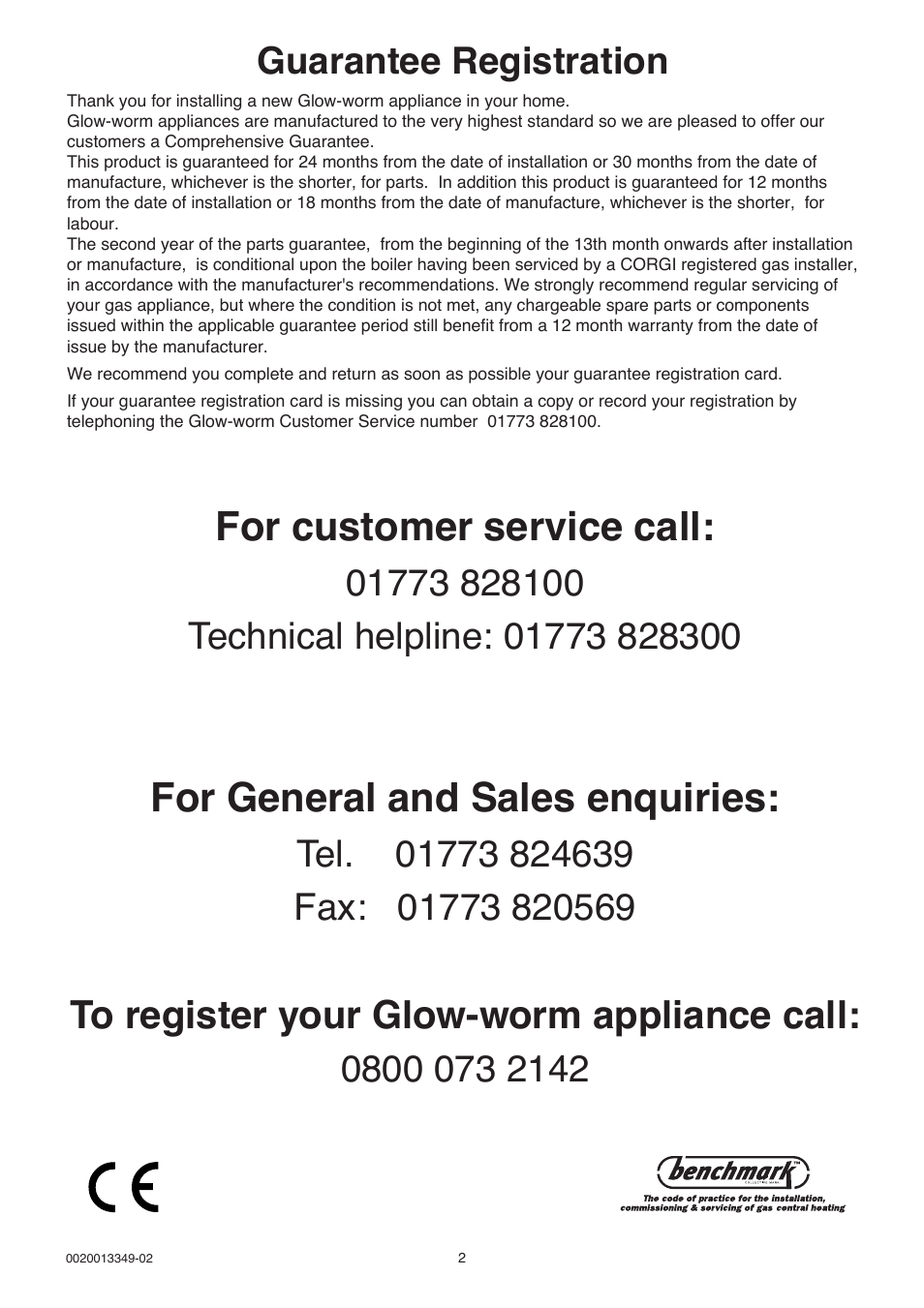 For customer service call, For general and sales enquiries | Glow-worm 24-38CXI Range User Manual | Page 2 / 52