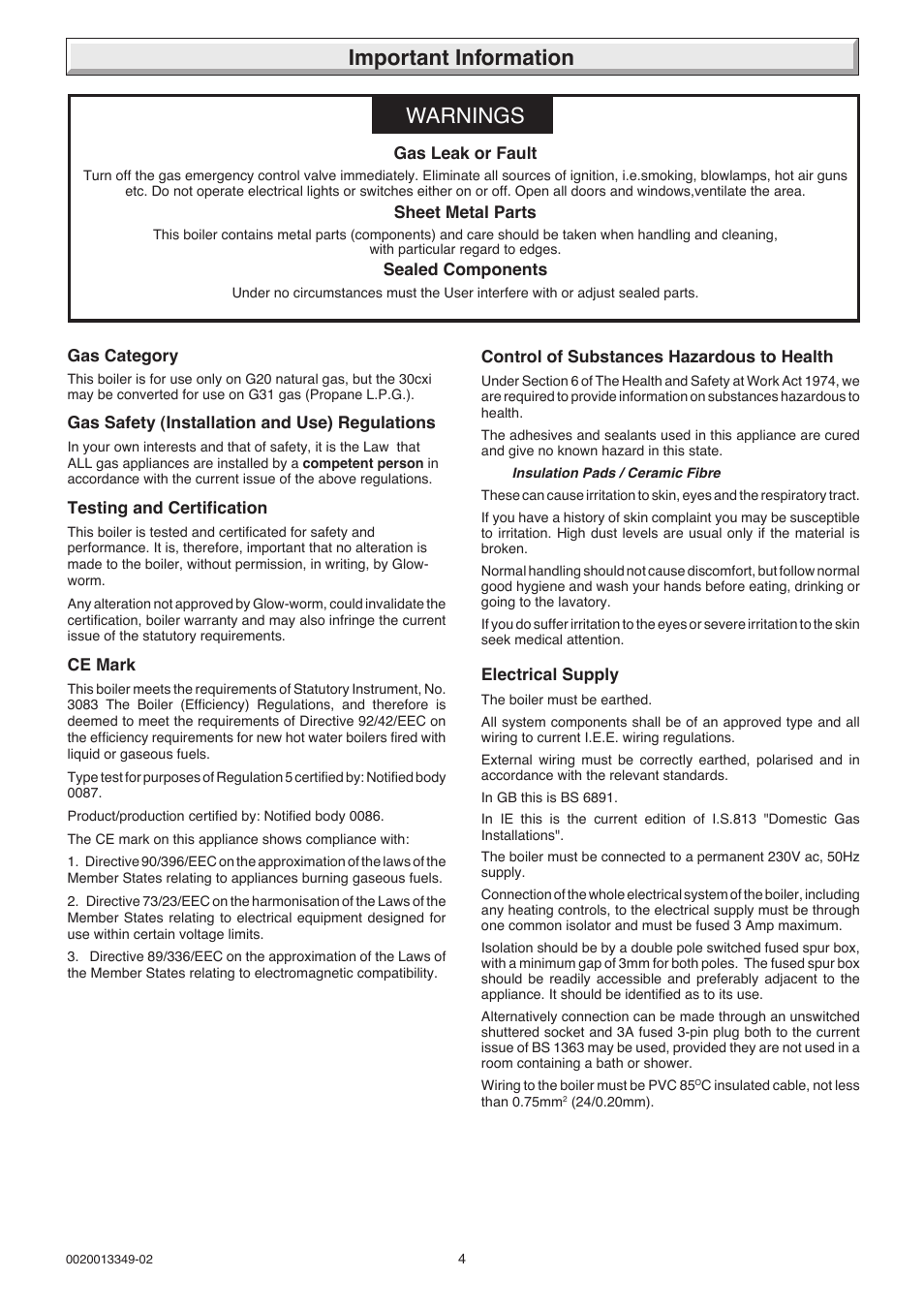 Warnings, Important information | Glow-worm 24-38CXI Range User Manual | Page 4 / 52