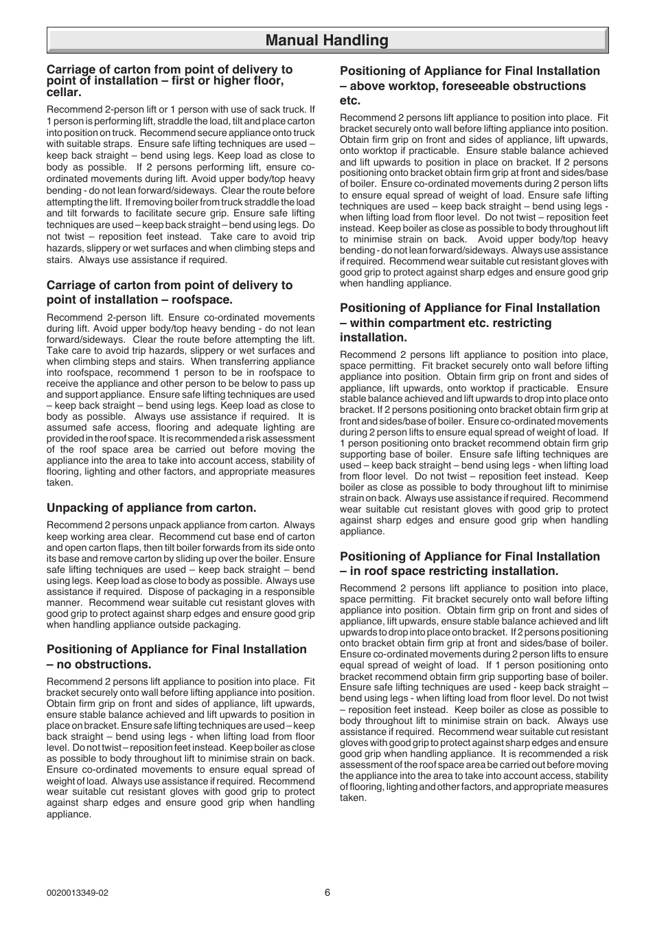 Manual handling | Glow-worm 24-38CXI Range User Manual | Page 6 / 52