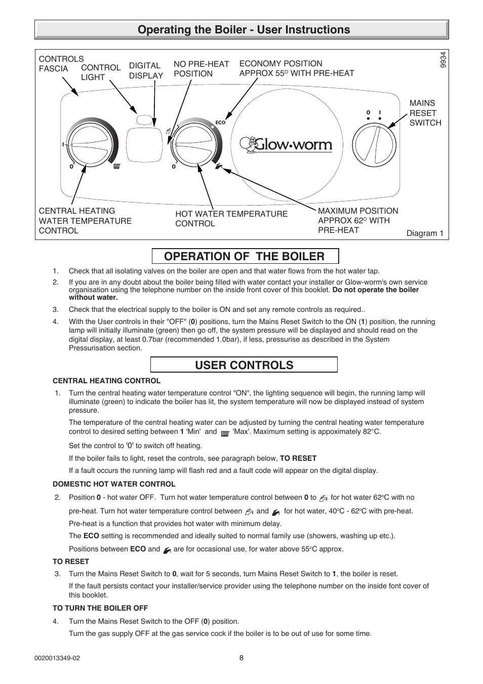 Operating the boiler - user instructions, Operation of the boiler, User controls | Glow-worm 24-38CXI Range User Manual | Page 8 / 52