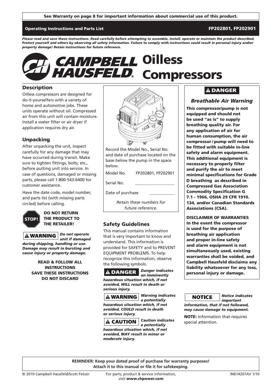 Campbell Hausfeld IN614207AV User Manual | 24 pages