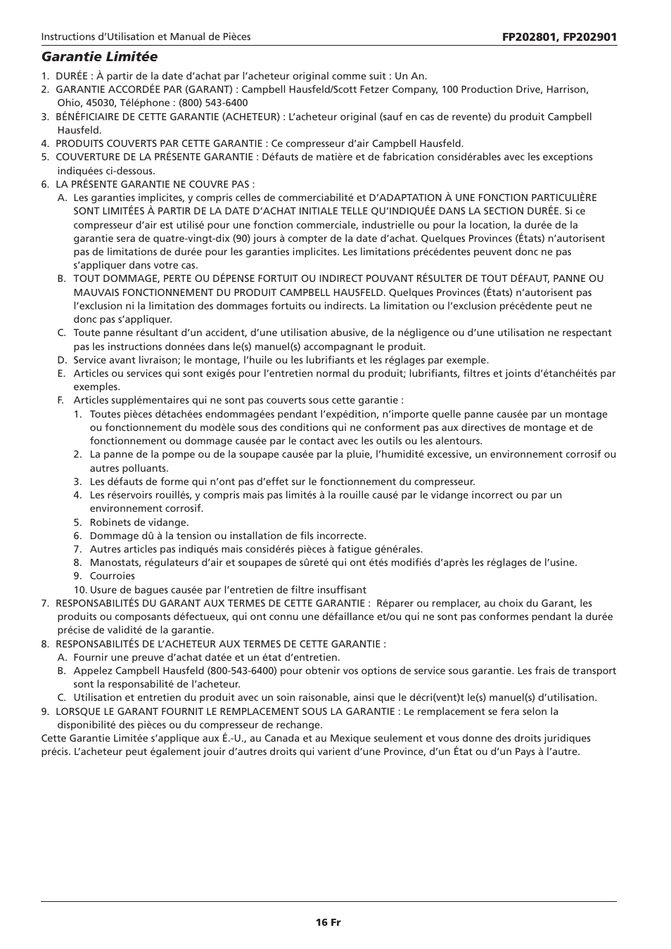 Garantie limitée | Campbell Hausfeld IN614207AV User Manual | Page 16 / 24