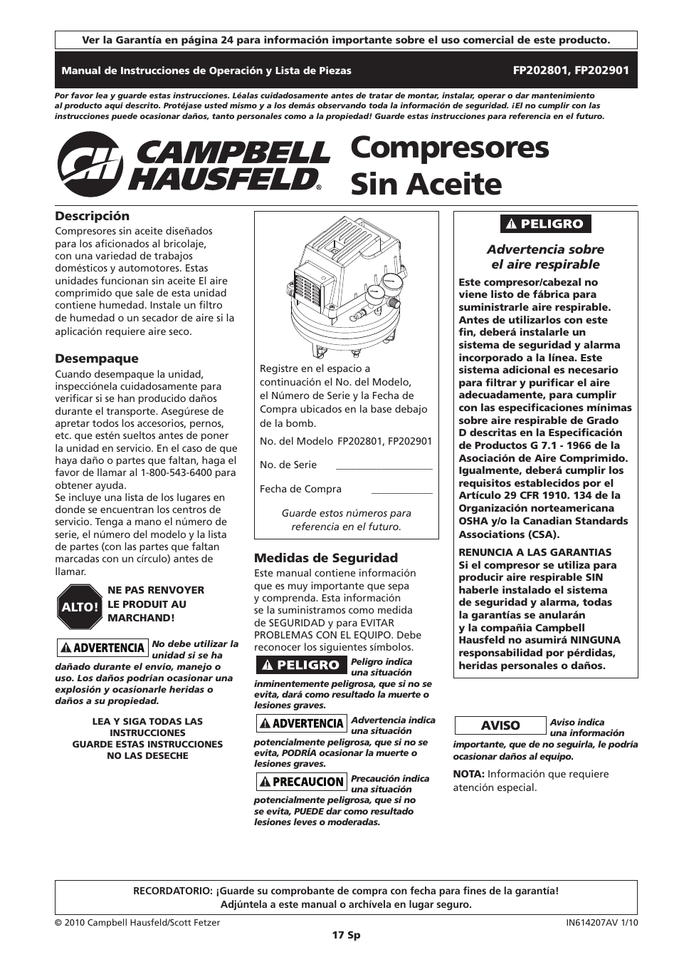 Compresores sin aceite | Campbell Hausfeld IN614207AV User Manual | Page 17 / 24