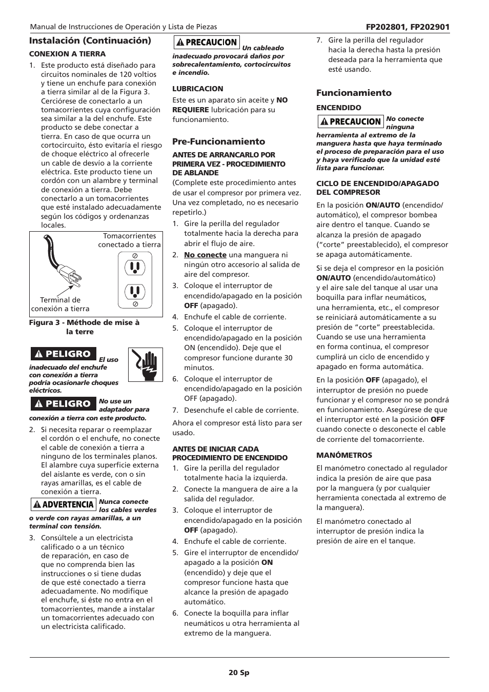 Instalación (continuación), Pre-funcionamiento, Funcionamiento | Campbell Hausfeld IN614207AV User Manual | Page 20 / 24