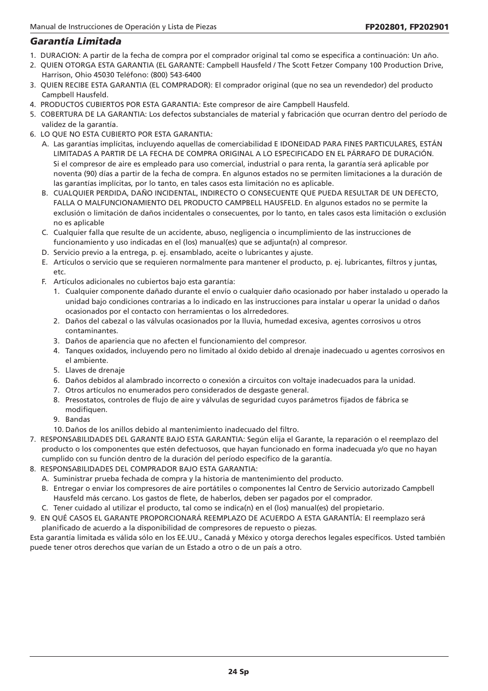 Garantía limitada | Campbell Hausfeld IN614207AV User Manual | Page 24 / 24