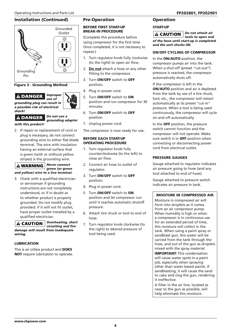 Installation (continued), Pre-operation, Operation | Campbell Hausfeld IN614207AV User Manual | Page 4 / 24