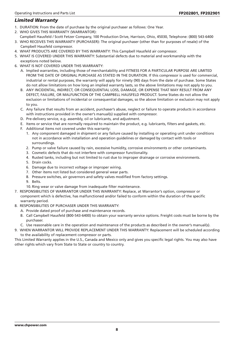 Limited warranty | Campbell Hausfeld IN614207AV User Manual | Page 8 / 24