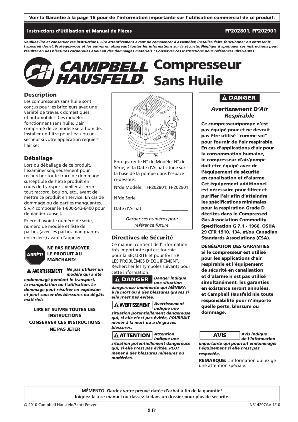 Compresseur sans huile | Campbell Hausfeld IN614207AV User Manual | Page 9 / 24