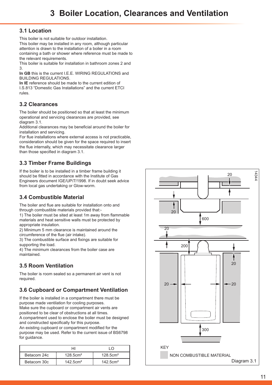 3 boiler location, clearances and ventilation, 1 location, 2 clearances | 3 timber frame buildings, 4 combustible material, 5 room ventilation, 6 cupboard or compartment ventilation | Glow-worm Betacom C User Manual | Page 11 / 68