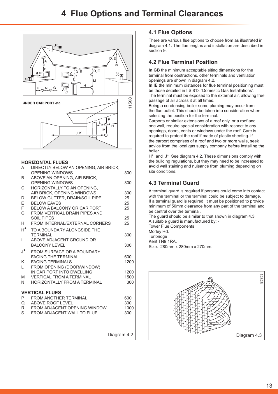 4 flue options and terminal clearances, 1 flue options, 2 flue terminal position | 3 terminal guard | Glow-worm Betacom C User Manual | Page 13 / 68