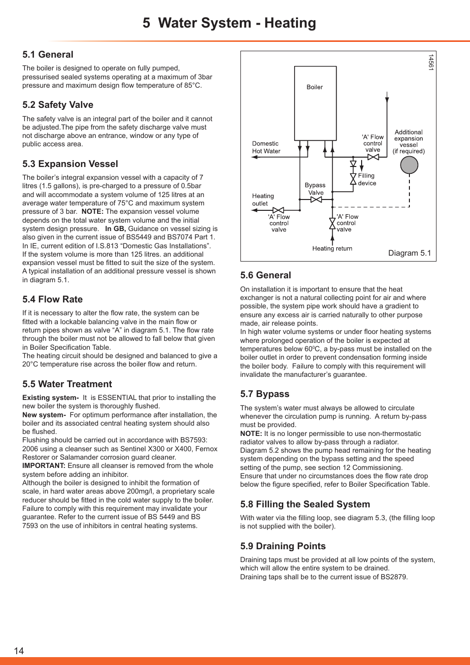 5 water system - heating, 14 5.1 general, 2 safety valve | 3 expansion vessel, 4 flow rate, 5 water treatment, 6 general, 7 bypass, 8 filling the sealed system, 9 draining points | Glow-worm Betacom C User Manual | Page 14 / 68