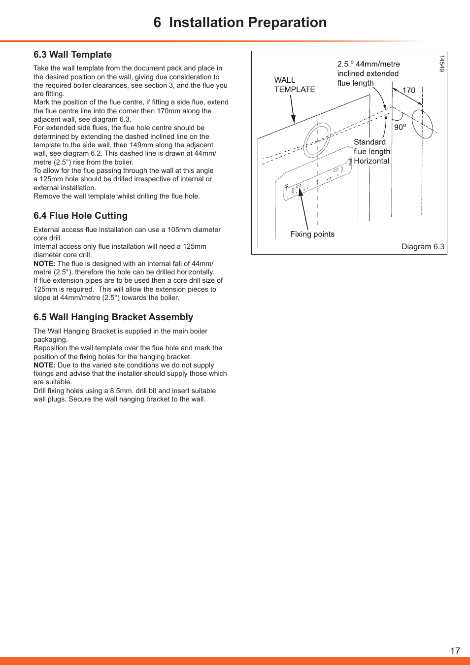 6 installation preparation, 3 wall template, 4 flue hole cutting | 5 wall hanging bracket assembly | Glow-worm Betacom C User Manual | Page 17 / 68