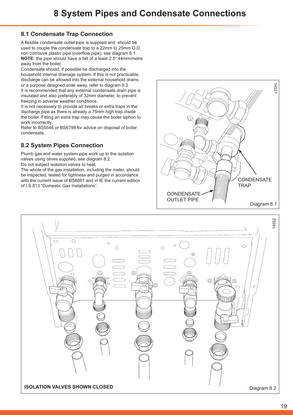 8 system pipes and condensate connections, 1 condensate trap connection, 2 system pipes connection | Glow-worm Betacom C User Manual | Page 19 / 68