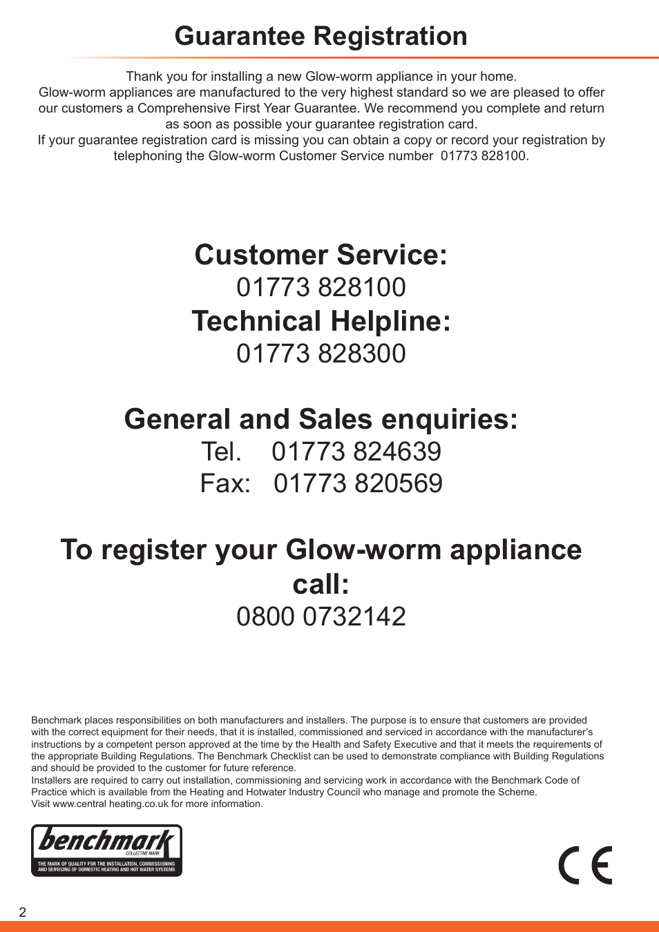 Customer service, Technical helpline, General and sales enquiries | Guarantee registration | Glow-worm Betacom C User Manual | Page 2 / 68