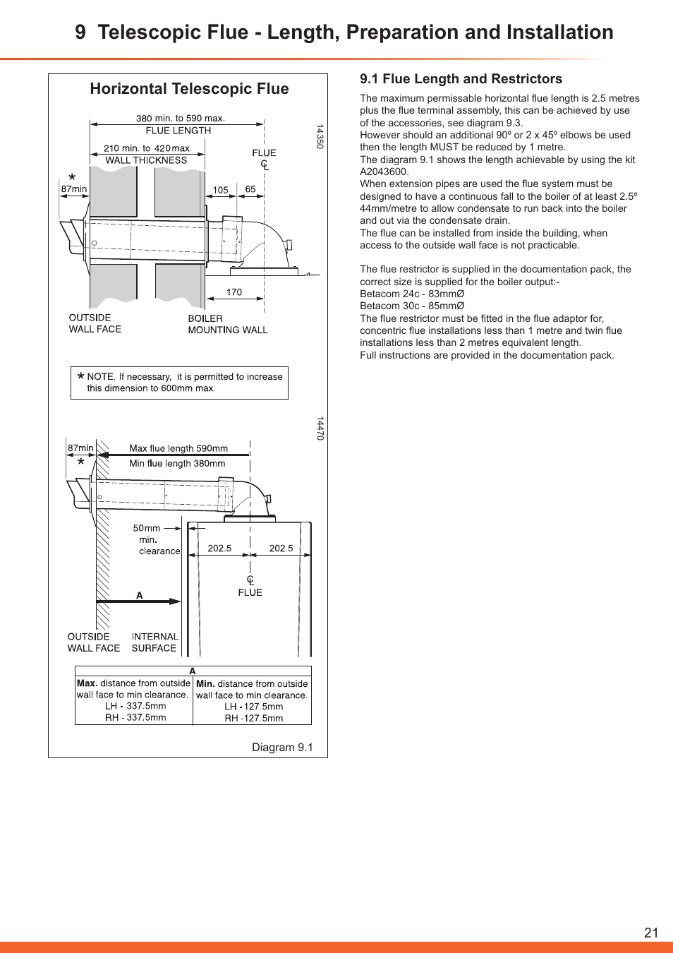 Horizontal telescopic flue, 1 flue length and restrictors | Glow-worm Betacom C User Manual | Page 21 / 68