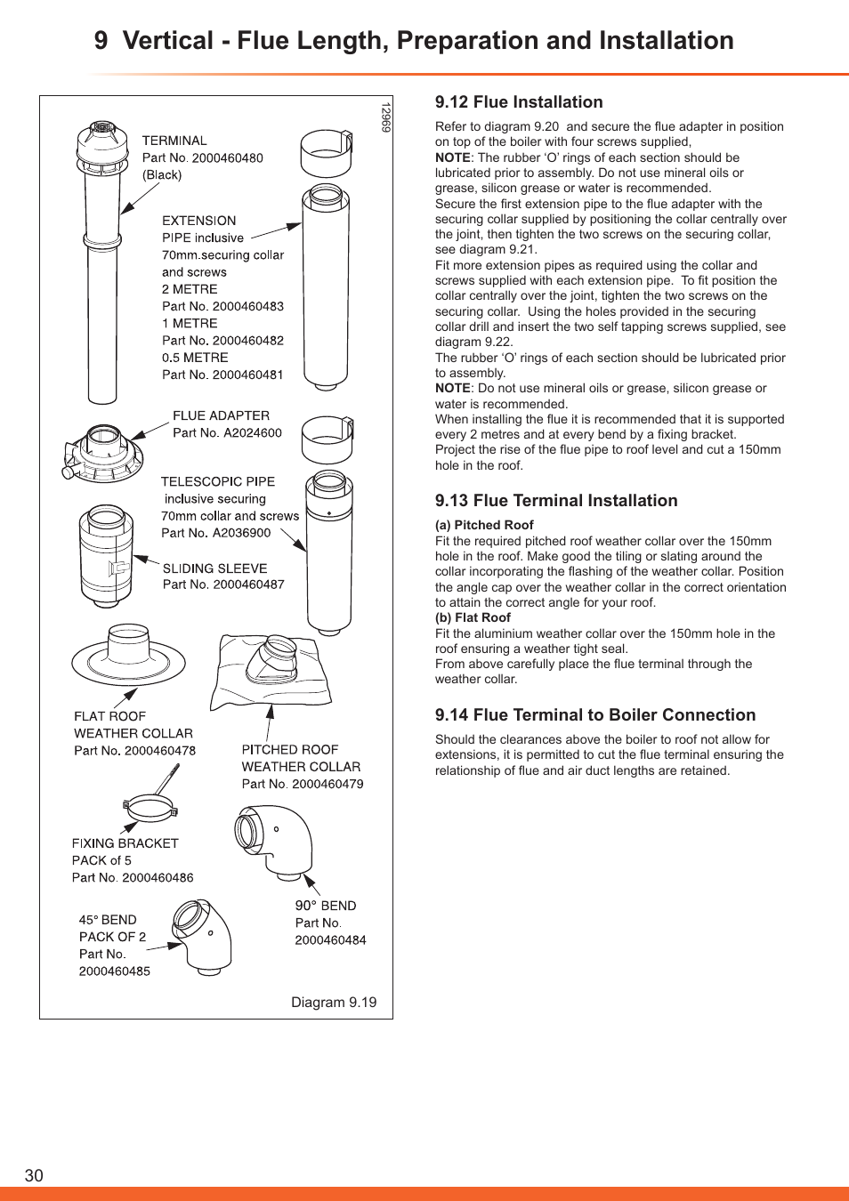 12 flue installation, 13 flue terminal installation, 14 flue terminal to boiler connection | Glow-worm Betacom C User Manual | Page 30 / 68