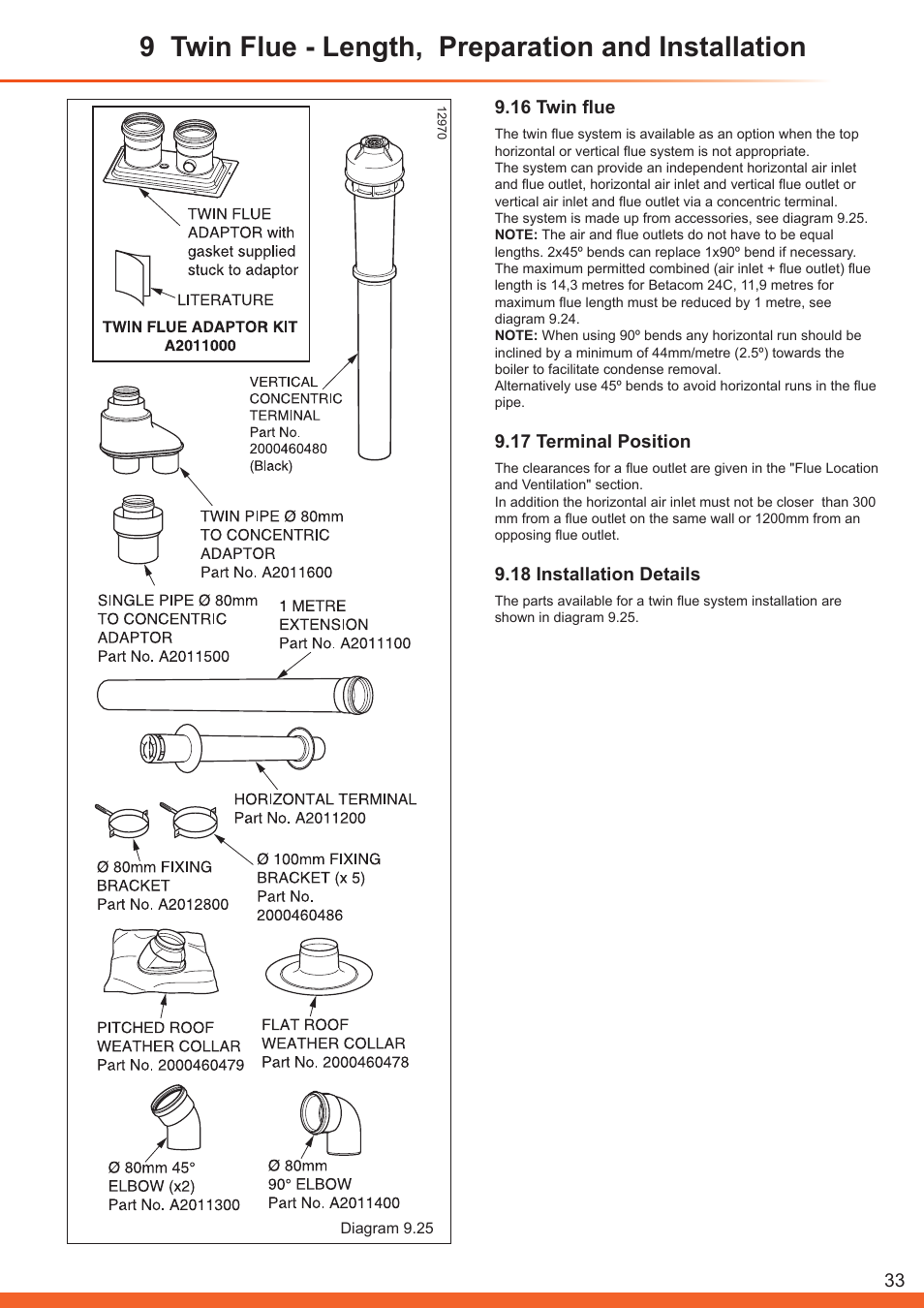 9 twin flue - length, preparation and installation, 16 twin flue, 17 terminal position | 18 installation details | Glow-worm Betacom C User Manual | Page 33 / 68