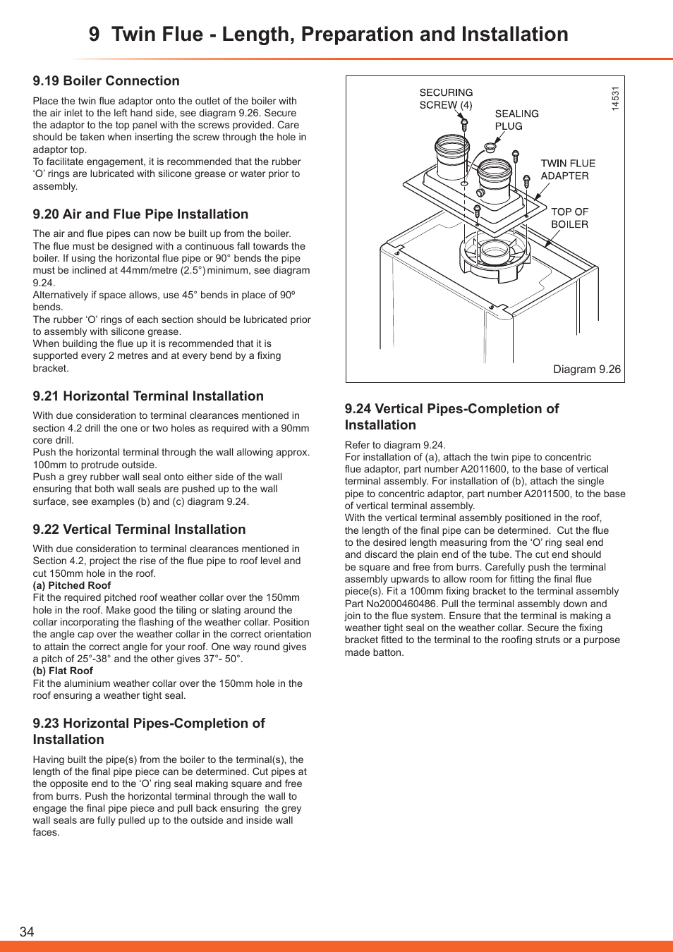 9 twin flue - length, preparation and installation, 19 boiler connection, 20 air and flue pipe installation | 21 horizontal terminal installation, 22 vertical terminal installation, 23 horizontal pipes-completion of installation, 24 vertical pipes-completion of installation | Glow-worm Betacom C User Manual | Page 34 / 68