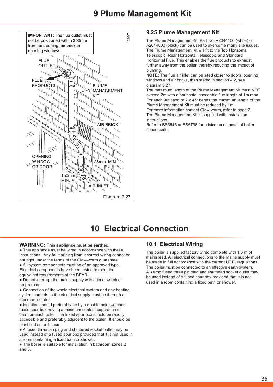 9 plume management kit, 10 electrical connection, 25 plume management kit | 1 electrical wiring | Glow-worm Betacom C User Manual | Page 35 / 68