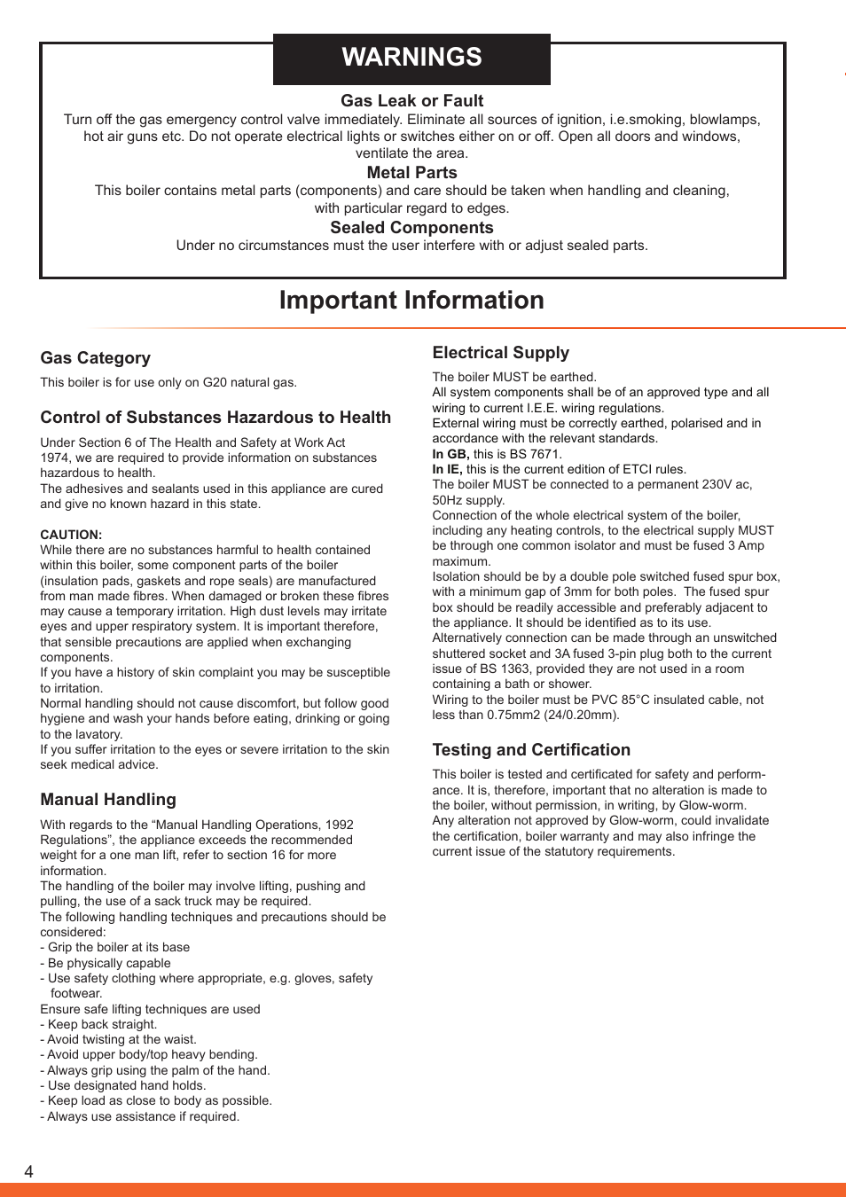 Important information warnings, 4gas category, Control of substances hazardous to health | Manual handling, Gas leak or fault, Metal parts, Sealed components, Electrical supply, Testing and certification | Glow-worm Betacom C User Manual | Page 4 / 68
