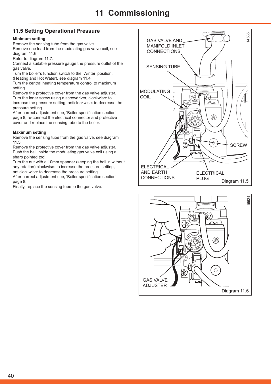 11 commissioning, 5 setting operational pressure | Glow-worm Betacom C User Manual | Page 40 / 68