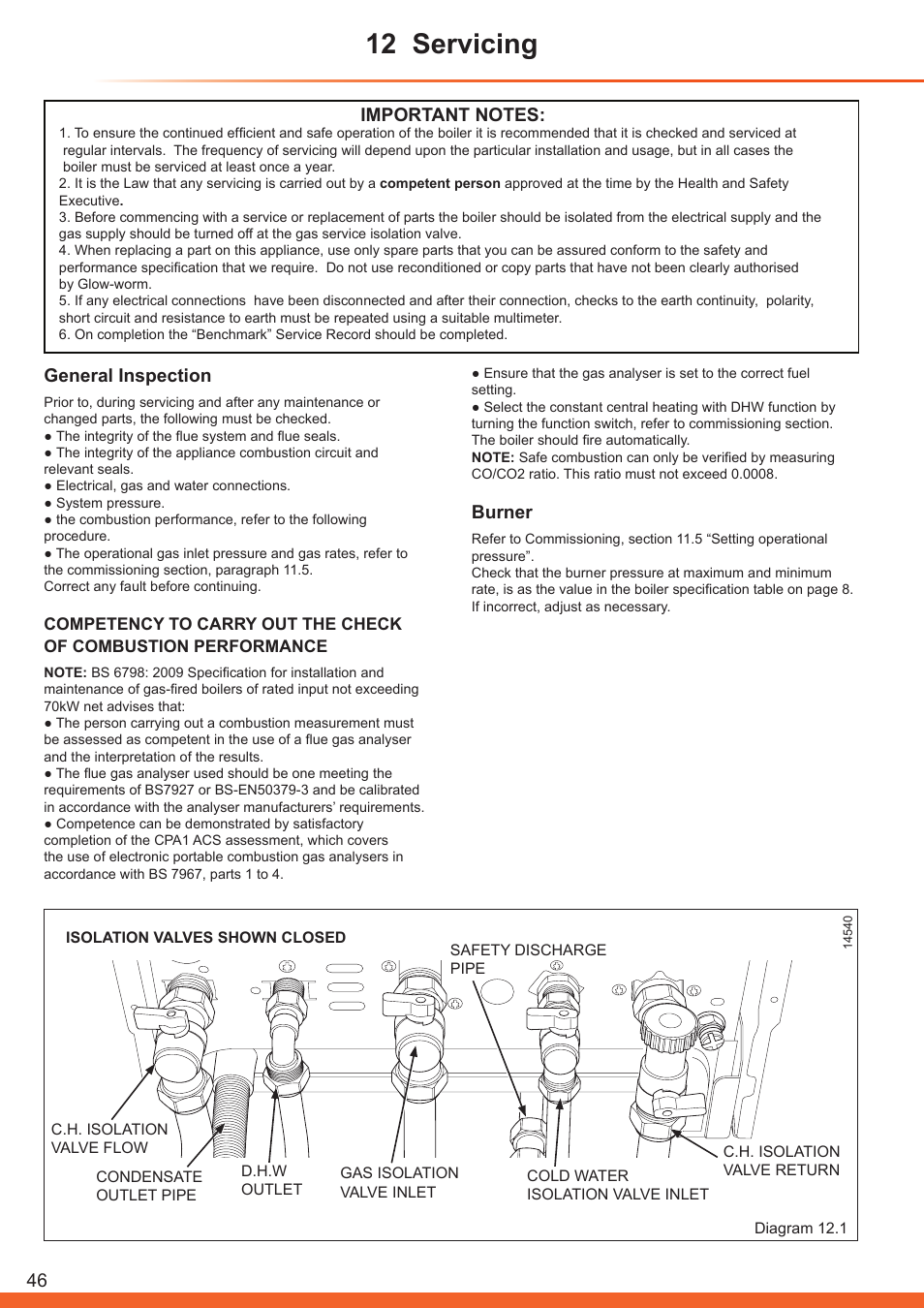 12 servicing, General inspection, Burner | Glow-worm Betacom C User Manual | Page 46 / 68