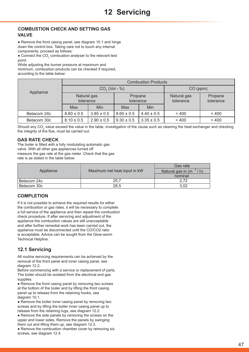 12 servicing, 1 servicing | Glow-worm Betacom C User Manual | Page 47 / 68