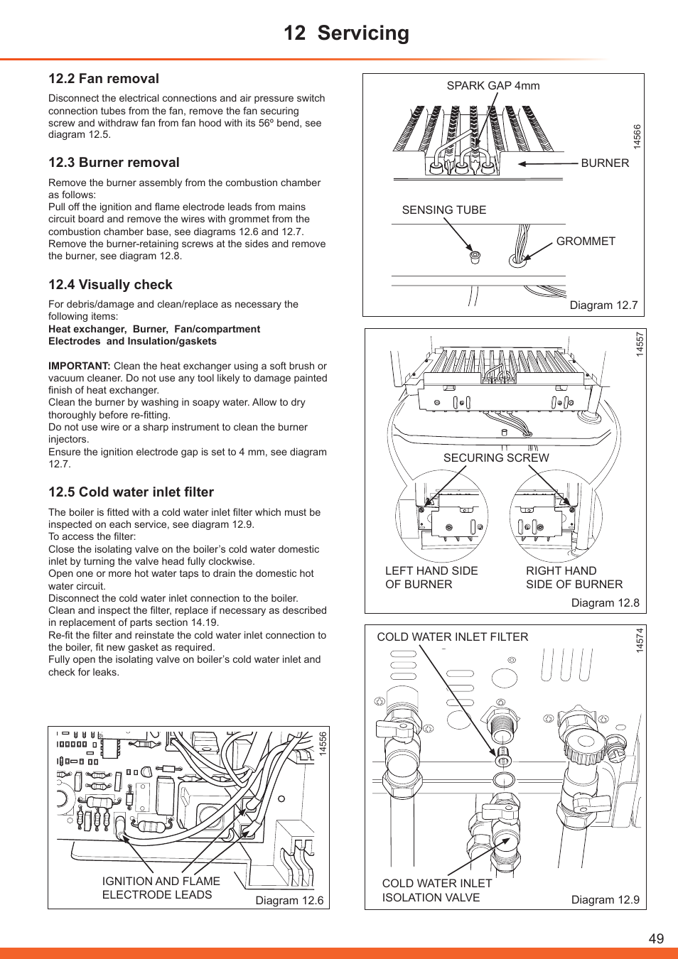 12 servicing, 2 fan removal, 3 burner removal | 4 visually check, 5 cold water inlet filter | Glow-worm Betacom C User Manual | Page 49 / 68