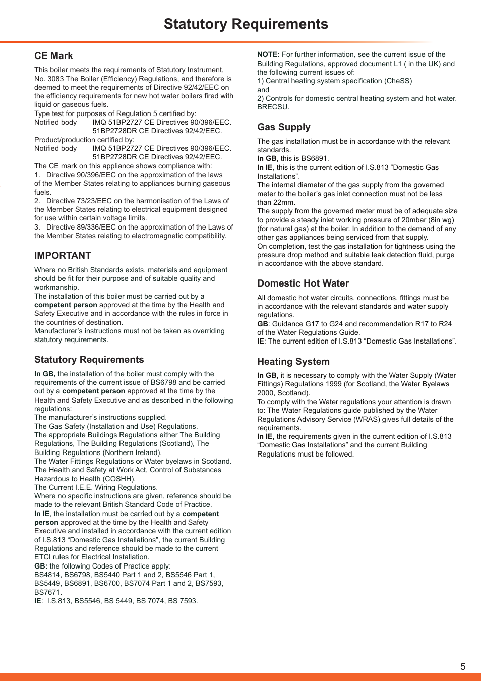 Statutory requirements, Ce mark, Important | Gas supply, Domestic hot water, Heating system | Glow-worm Betacom C User Manual | Page 5 / 68