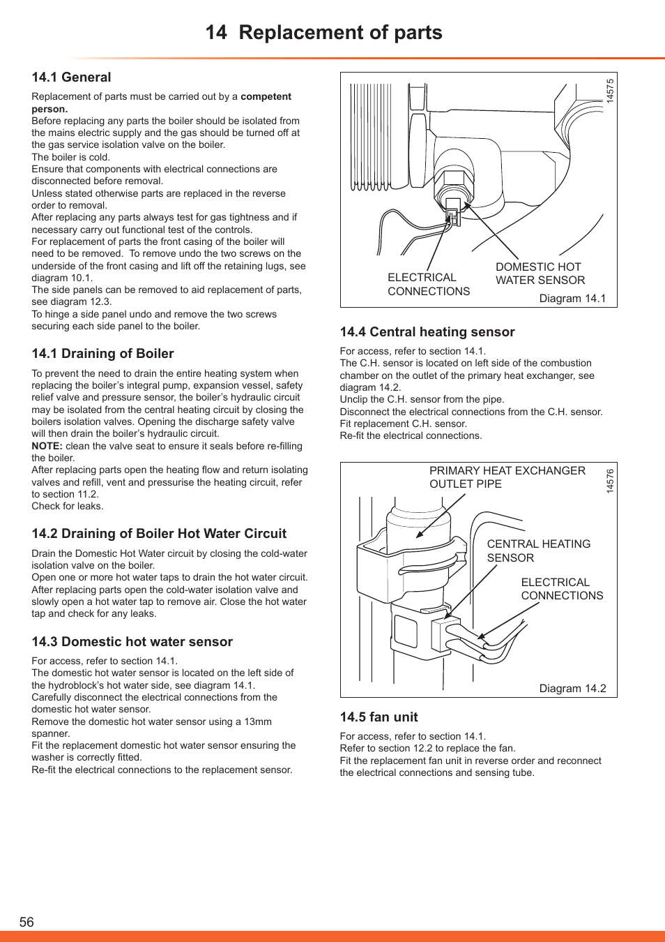14 replacement of parts, 1 general, 1 draining of boiler | 2 draining of boiler hot water circuit, 3 domestic hot water sensor, 4 central heating sensor, 5 fan unit | Glow-worm Betacom C User Manual | Page 56 / 68