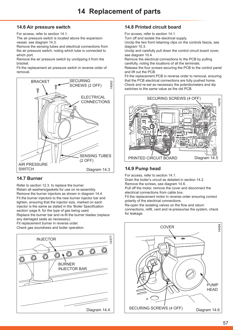 14 replacement of parts, 6 air pressure switch, 8 printed circuit board | 7 burner, 9 pump head | Glow-worm Betacom C User Manual | Page 57 / 68